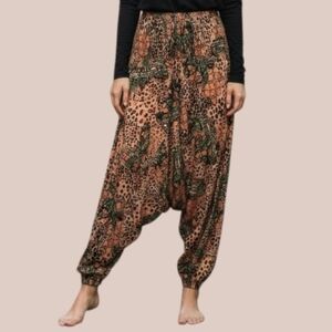 Animal Print Harem Pants Golden Brown Elastic Waist Ankles Boho Festival / M